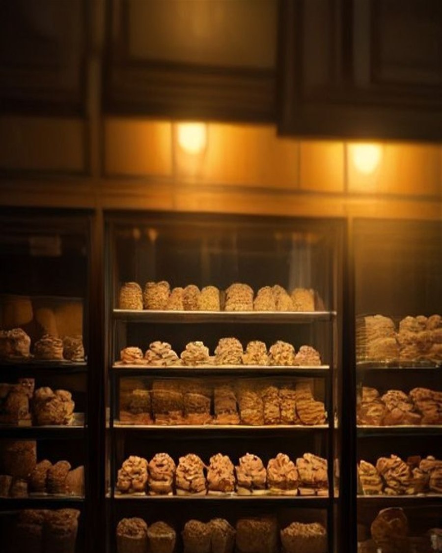 A warmly lit display cabinet of baked goods at House Of Bakery